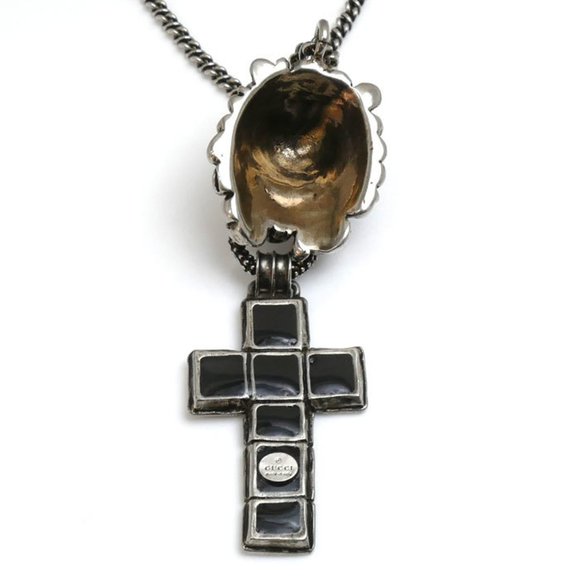 Lion Head and Cross Silver Tone Metal Necklace
