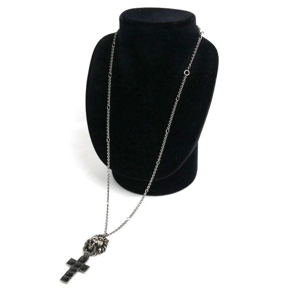 Lion Head and Cross Silver Tone Metal Necklace